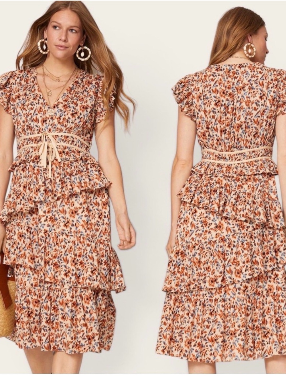 Ulla Johnson Rust Floral Tiered Ruffle Midi Dress